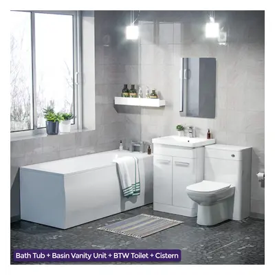 3-Piece High Gloss White Bathroom Suite 600mm Vanity, WC, BTW Toilet & Bath