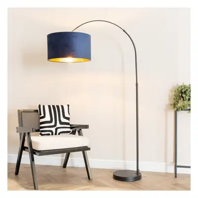 ValueLights Louis Navy Velvet & Gold Shade Black Arched Floor Lamp