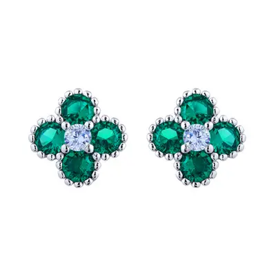 Jewelco London Rhodium Silver Green Round Brilliant CZ Bead Edge Clover Cluster Stud Earrings - 