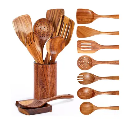 9 PCS Wooden Spoons for Cooking, Wooden Utensils for Cooking with Utensils Holder, Teak Wooden K