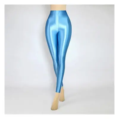 (bingbing blue Beige-L) Sexy Satin Glossy High Waist Sport Women Fitness Yoga Pants Tights Leggi