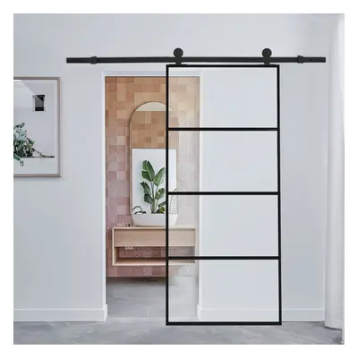 (4*Clear Glass Panels) Glass Black Barn Door with Sliding Hardware Kit