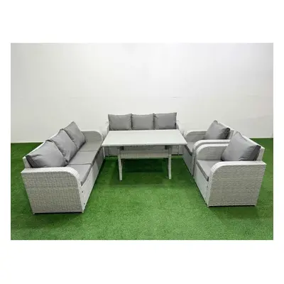 Fimous PE Rattan High Back Lounge Sofa Set Patio Rectangular Dining Table & Chairs Set with Seat