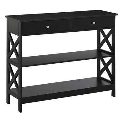 HOMCOM Console Table Side Desk Shelves Drawers Open Top X Support Hallway Black