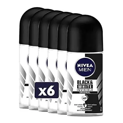 6x Nivea MEN Invisible Black & White Deodorant 48H Anti-Perspirant ROLL ON 50ml