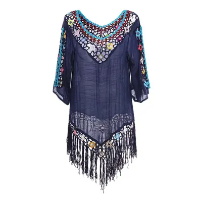 (Royal Blue) Tassel 3D Hook Flower Beach Sun Protection Cover-Ups