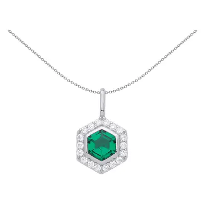 Jewelco London Sterling Silver Green Hexagon Honeycomb CZ Well Halo Pendant Necklace inch - GVP5