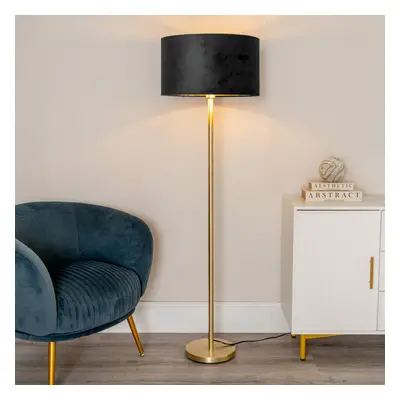 ValueLights Charlie Black Velvet & Gold Shade Gold Floor Lamp & Bulb