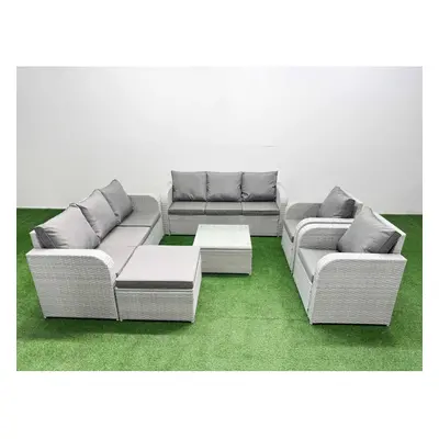 Fimous PE Rattan High Back Lounge Sofa Set Patio Square Coffee Table & Chairs Set with Seater So