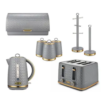 Tower Empire Grey Kettle Toaster Canisters Bread Bin Mug Tree Towel Pole Set of