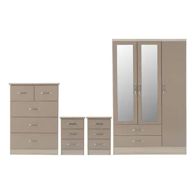 Nevada Piece Oyster Gloss Bedroom Set - Door Drawer Mirrored Wardrobe, Drawer Chest & x Drawer B