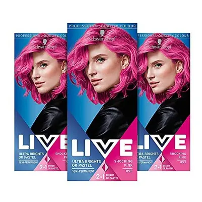 Schwarzkopf LIVE Ultra Bright or Pastel Pink Hair Dye, Pack 3, Semi-Permanent Colour lasts up to