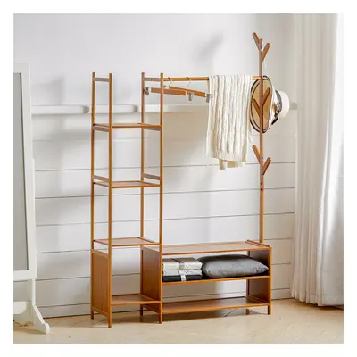 Freestanding Bamboo Clothes Rack with Storage Shelves for Bedroom