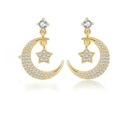 Jewelco London 14k Gold-plated Silver Round CZ Star & Crescent Moon Solitaire Drop Earrings - AE