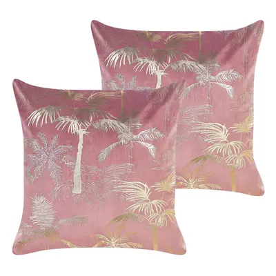 Set of Velvet Cushions Palm Motif x cm Pink CARANDAY