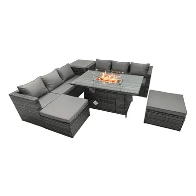 Fimous Rattan Garden Furniture Firepit Dining Set Seater Lounge Sofa Table Set with Side Tables 