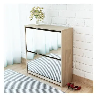 vidaXL Shoe Cabinet 2-Layer Mirror Oak Storage Organiser Pull-down Drawer