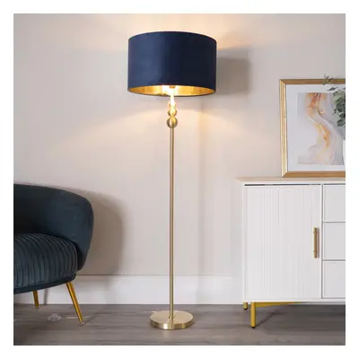 ValueLights Marissa Navy Velvet & Gold Shade Gold Floor Lamp & Bulb