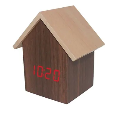 (Brown red light) Log Cabin Clock Q Version of the House-shaped Electronic Clock