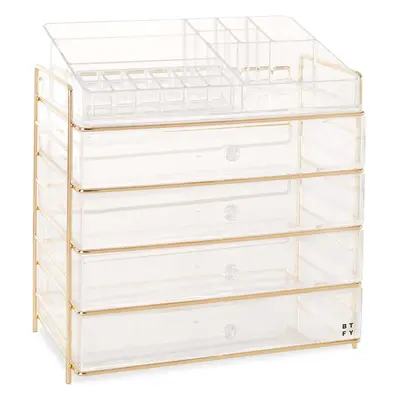 (5 Tier) Makeup Organizer, Acrylic Makeup Organizer with Champagne Frame Open Top Compartment, L