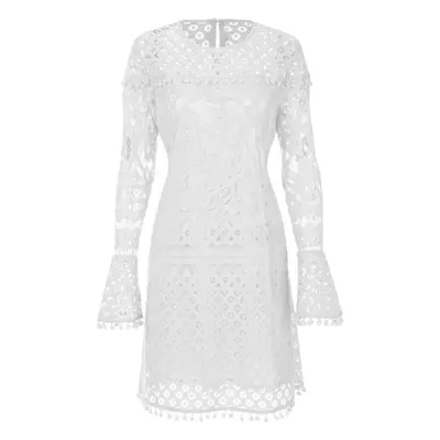 (White, S) Women Mini Sheer Lace Dress Pom Trims O Neck Long Sleeve Lined Party