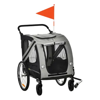 PawHut 2-In-1 Dog Bike Trailer Stroller w/ Universal Wheel Reflector Flag Grey