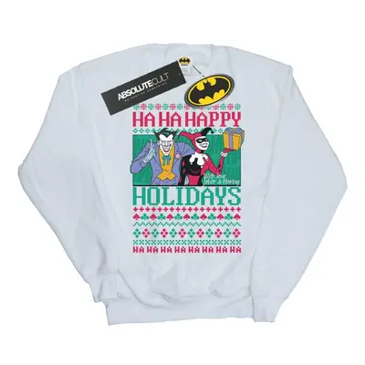 (M, White) DC Comics Mens Joker And Harley Quinn Ha Ha Happy Holidays Sweatshirt