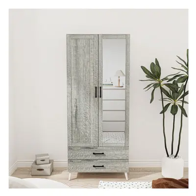 (White Ash Grey) 180cm Mirror Wardrobe Door Drawer Bedroom Clothes Storage Hanging Rail