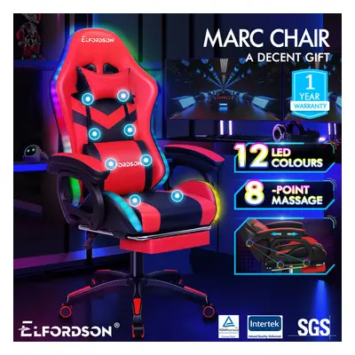 ELFORDSON Gaming Office Chair RGB LED Massage Computer Seat Footrest Red