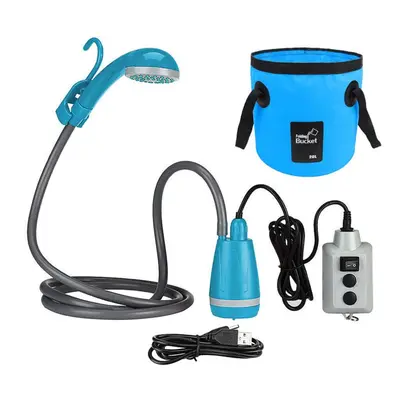 (blue, Shower Pump with Collapsible Bucket) Outdoor Camping Shower Pump Usb Rechargeable Shower 