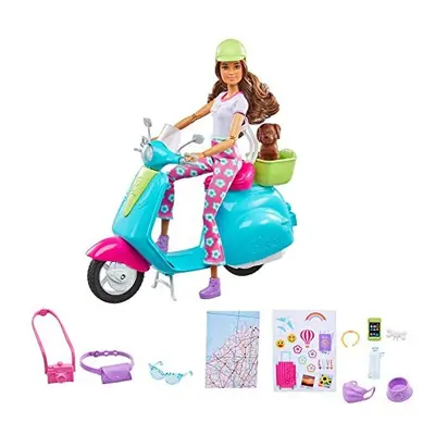 Barbie Travel Playset with Fashionistas Travel Doll (11.5 in Brunette) and Scooter, Pet Puppy, S