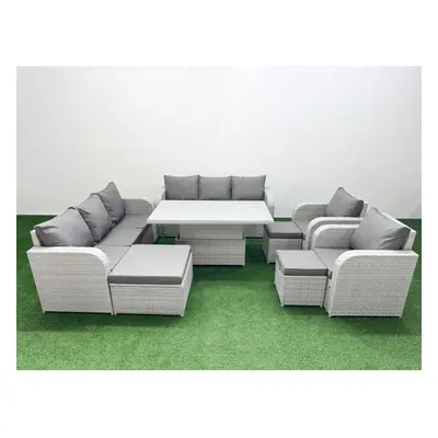 Fimous PE Rattan High Back Lounge Sofa Set with Seater Sofa Reclining Chair Stools Light Grey