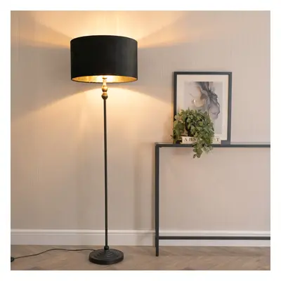 ValueLights Maggie Black Velvet & Gold Shade Black Floor Lamp & Bulb