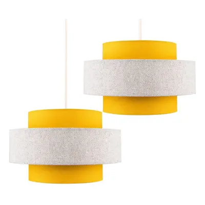 Pair of - Modern Cylinder Ceiling Pendant Light Shades in a Mustard & Grey Herringbone Finish - 