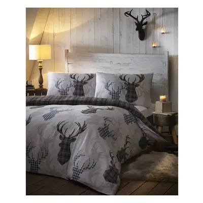 DE CAMA Tartan Stag Checked Duvet Set Reversible Bedding Quilt Cover King Size, Cotton and Polye