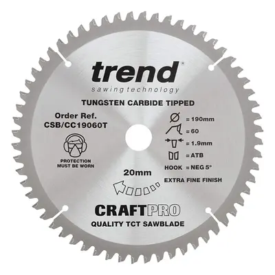 Trend CSB/CC19060T Craft Pro Negative Hook Crosscutting TCT Blade Ideal for Makita DLS713 Circul