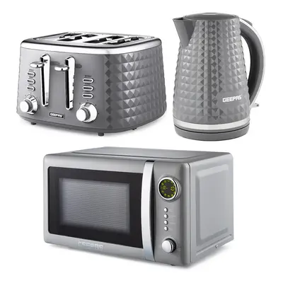 (Grey) Geepas Electric Kettle, Toaster & Microwave Set