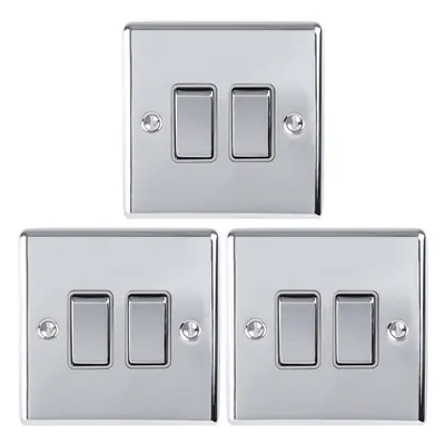 3 PACK Gang Double Metal Light Switch POLISHED CHROME Way 10A GREY Trim