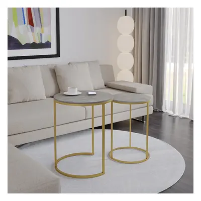 (Concrete Top with Gold Legs) Pcs Round Nesting Stackable Sofa Side Bedside End Table Set Wood T