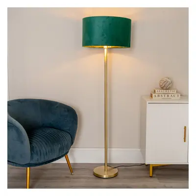 ValueLights Charlie Forest Velvet & Gold Shade Gold Floor Lamp & Bulb