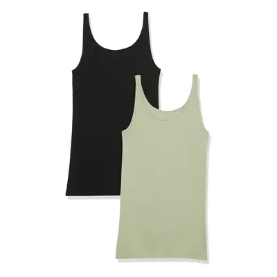 Womens Slim-Fit Thin Strap Tank, Pack of 2, BlackLight Sage green, Medium