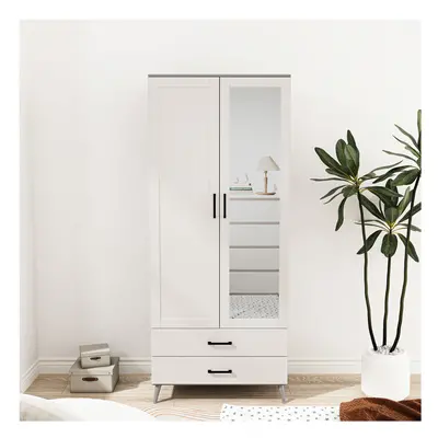 (Grey White ) 180cm Mirror Wardrobe Door Drawer Bedroom Clothes Storage Hanging Rail