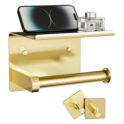 Toilet Paper Holder with Phone Shelf+Towel Robe Hooks,Adhesive or Screw Wall Mounted Toilet Pape