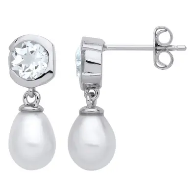 Jewelco London Ladies Rhodium Plated Sterling Silver Cream Pear Pearl CZ Donut Bezel Halo Drop E