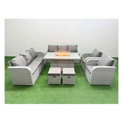 Fimous PE Rattan Set Patio Firepit Dining Table & Chairs Set with Seater Sofa Reclining Chair St