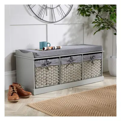 Home Source Malibu Wicker Basket Drawer Storage Bench - Grey