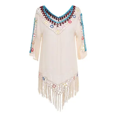 (Apricot) Tassel 3D Hook Flower Beach Sun Protection Cover-Ups