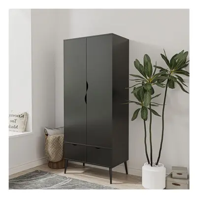 (Black) Door Drawer Wardrobe with Scandi Legs Cupboard Hanging Rail 180cm