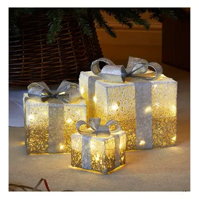 3x LED Light Up Snow Frosted Gift Boxes Faux Christmas Parcel Presents