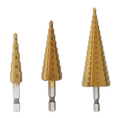 3Pcs 1/4 Inch Hex Shank HSS Titanium Coated Step Drill Bit Set 4-12/4-20/4-32mm in Pouch